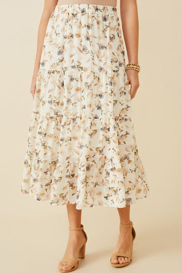 HY6908 IVORY Women Floral Tiered Chiffon Skirt Front